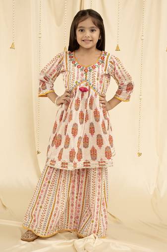 Ministitch Three fourth sleeves print and embroirdered, Lace Embellished Kurta & Garara set- Cream