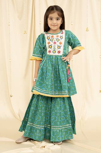 Ministitch Three Fourth Sleeves bandhani Print and embroirdered, Lace Embellished Kurta & Garara set- Green