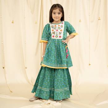 Three Fourth Sleeves bandhani Print and embroirdered, Lace Embellished Kurta & Garara set- Green 1