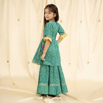 Three Fourth Sleeves bandhani Print and embroirdered, Lace Embellished Kurta & Garara set- Green 2