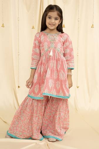 Babypink block print and embroirdered Garara set