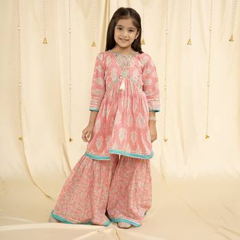 Babypink block print and embroirdered Garara set 1