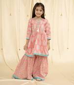 Babypink block print and embroirdered Garara set
