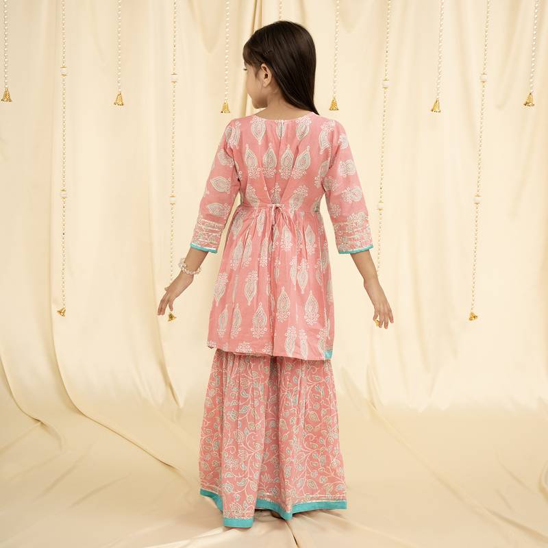 Babypink block print and embroirdered Garara set