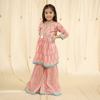 Babypink block print and embroirdered Garara set 3