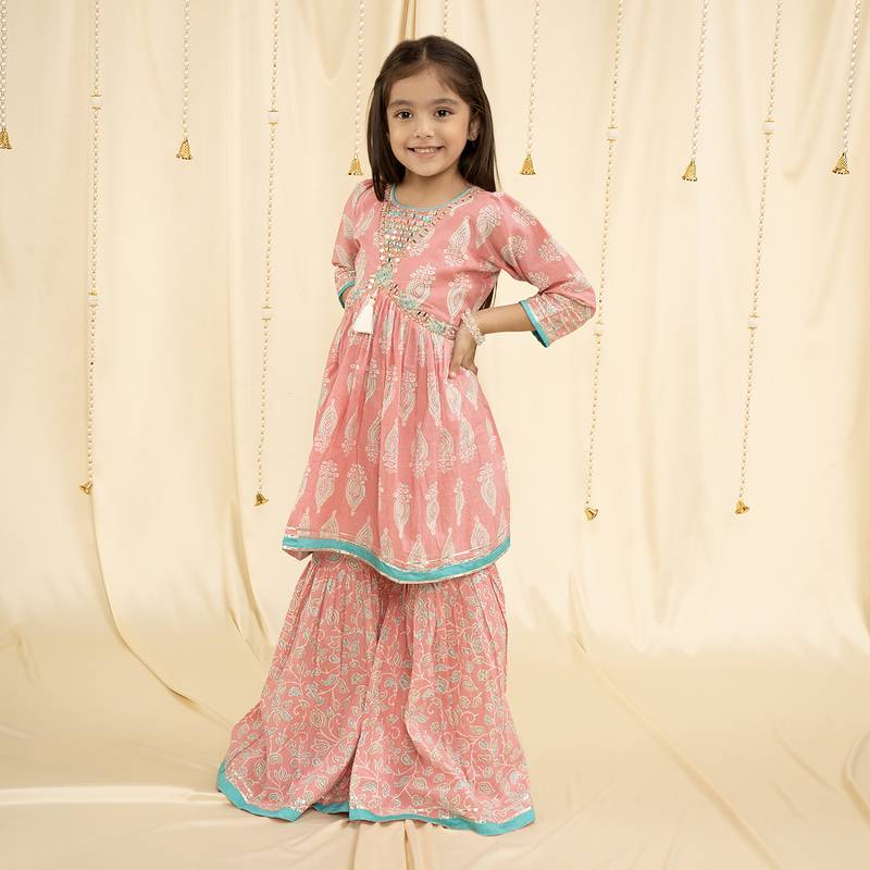 Babypink block print and embroirdered Garara set