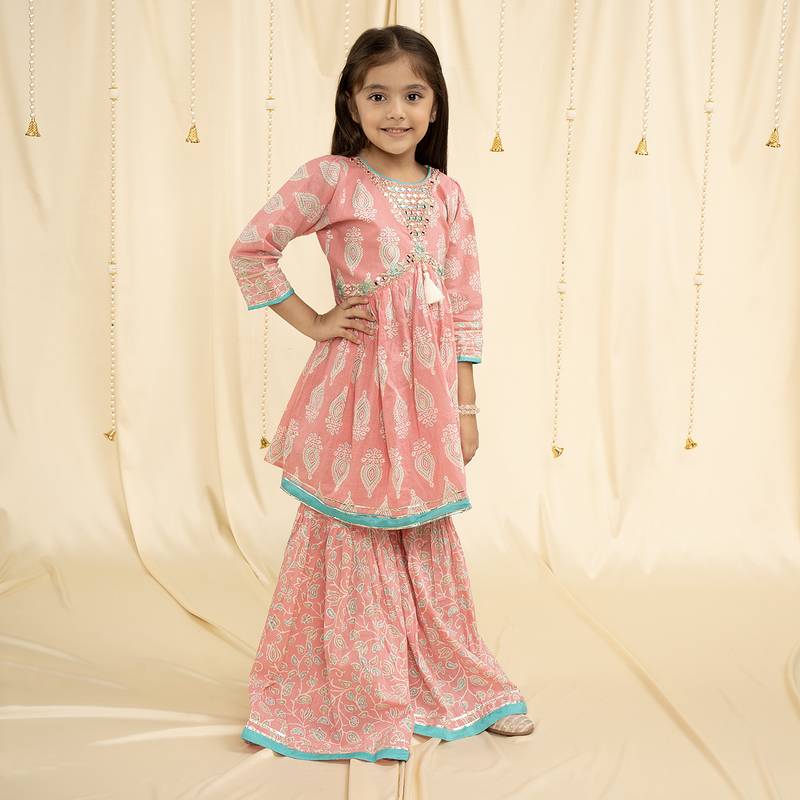 Babypink block print and embroirdered Garara set