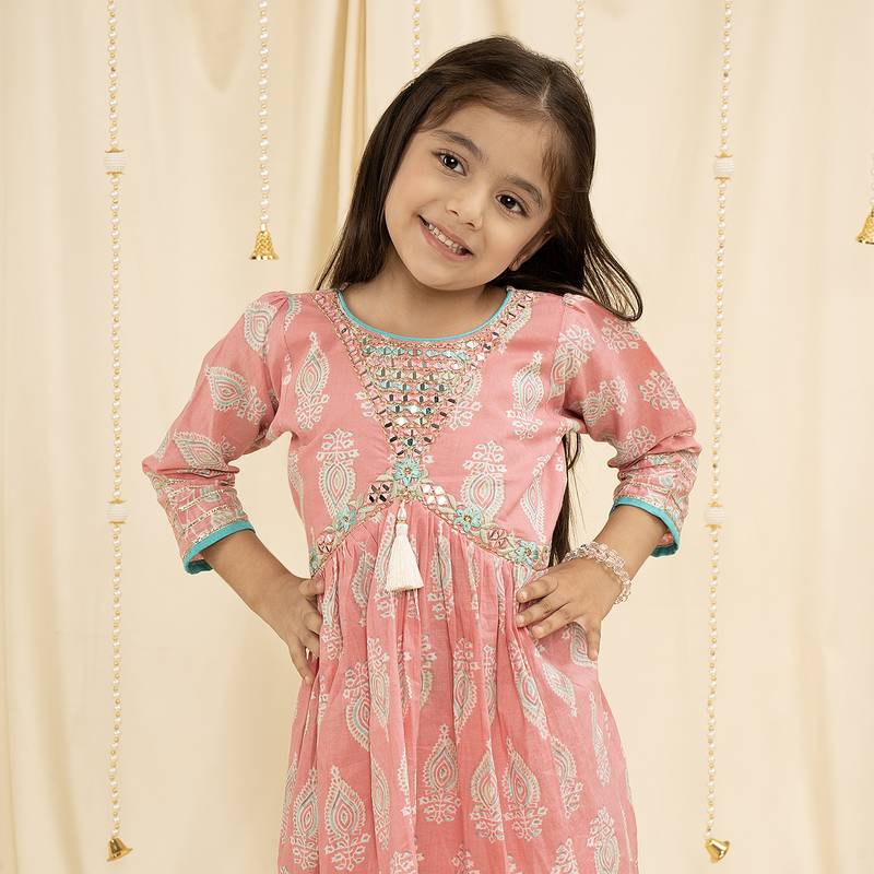 Babypink block print and embroirdered Garara set