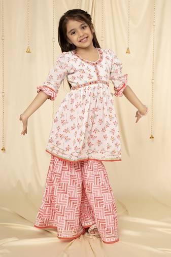 Ministitch Three fourth sleeves block print and embroidered Lace Embellished Kurta & Garara set- White