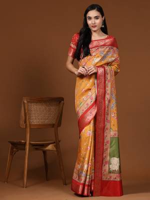 Musterd Yellow Kalamkari Printed Saree 1