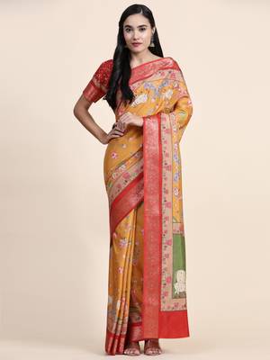 Musterd Yellow Kalamkari Printed Saree 2