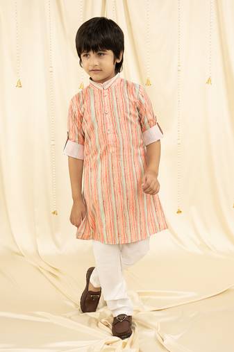Ministitch full sleeves printed kurta and pyjama set for boys - White, blue, Red