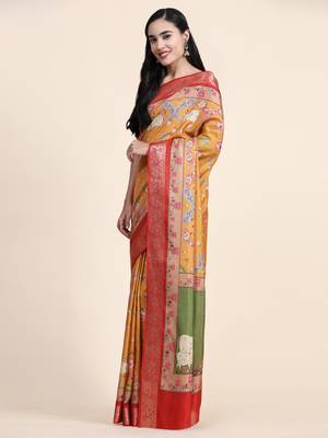 Musterd Yellow Kalamkari Printed Saree 3