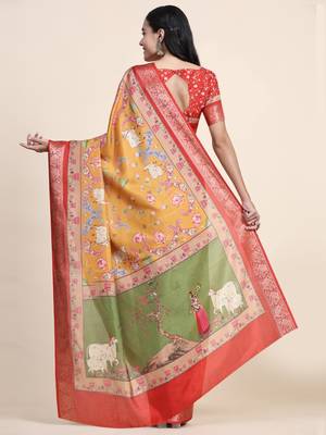 Musterd Yellow Kalamkari Printed Saree 5