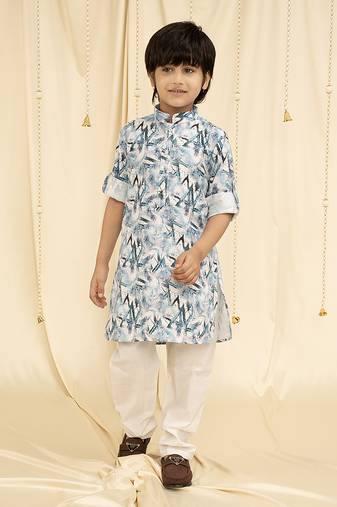 Ministitch full sleeves printed kurta and pyjama set for boys - Blue, White
