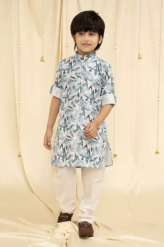 Ministitch full sleeves printed kurta and pyjama set for boys - Blue, White