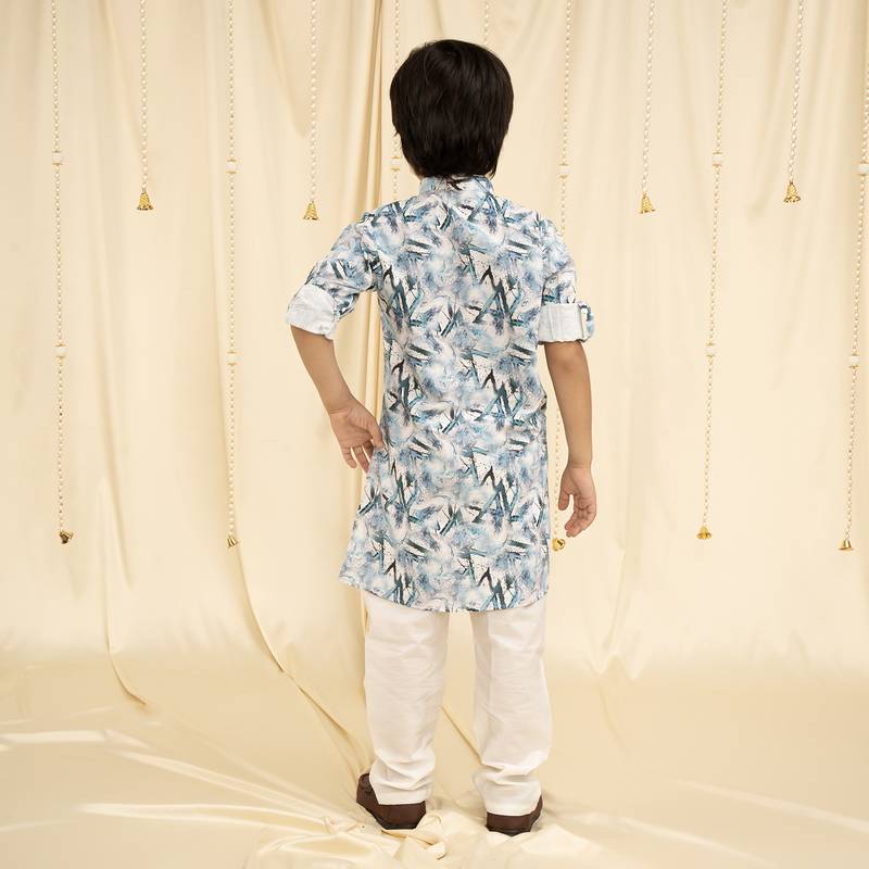 full sleeves printed kurta and pyjama set for boys - Blue, White