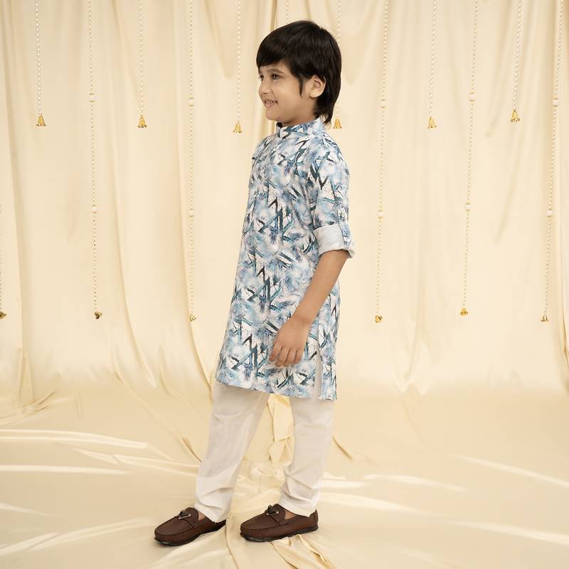 full sleeves printed kurta and pyjama set for boys - Blue, White