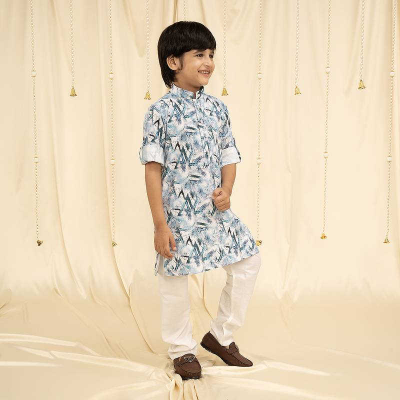 full sleeves printed kurta and pyjama set for boys - Blue, White