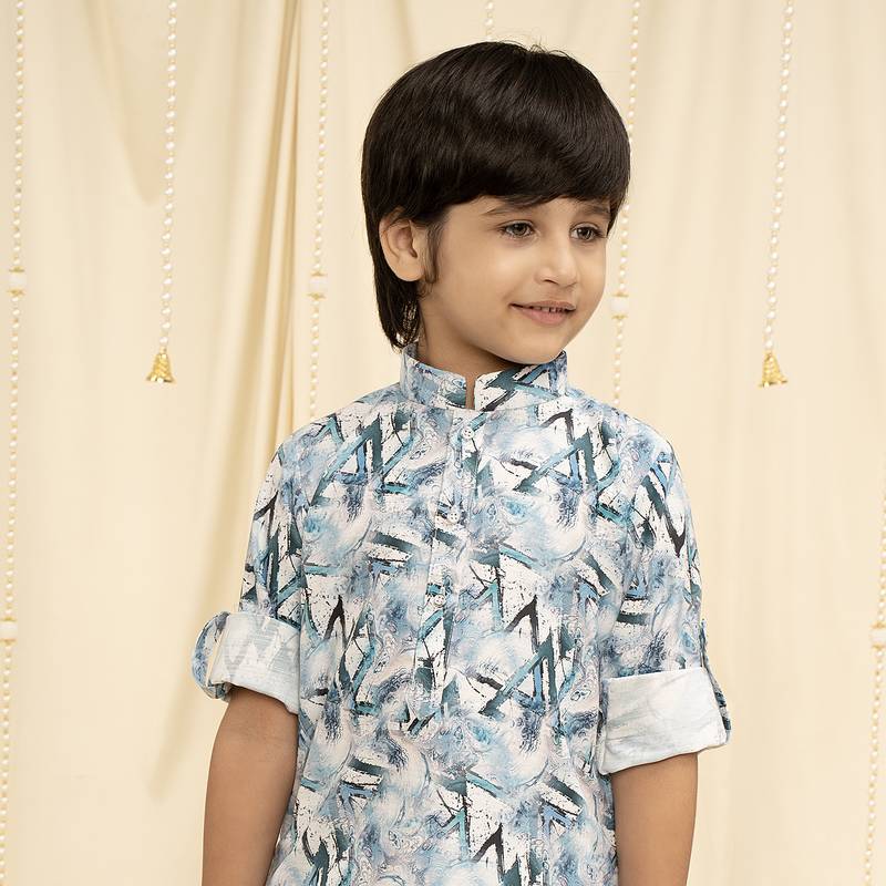 full sleeves printed kurta and pyjama set for boys - Blue, White