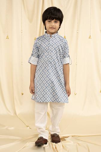 Ministitch full sleeves printed kurta and pyjama set for boys - Blue