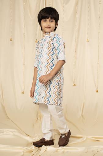 Ministitch full sleeves printed kurta and pyjama set for boys - White, blue, Brown