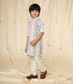full sleeves printed kurta and pyjama set for boys - White, blue, Brown