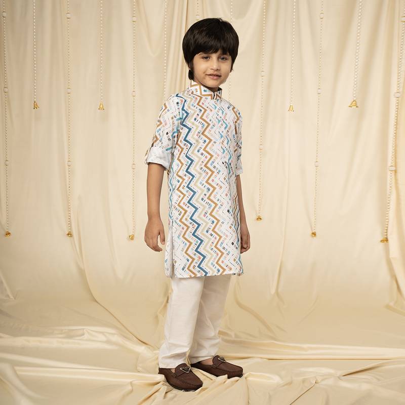 full sleeves printed kurta and pyjama set for boys - White, blue, Brown