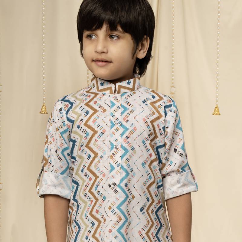 full sleeves printed kurta and pyjama set for boys - White, blue, Brown