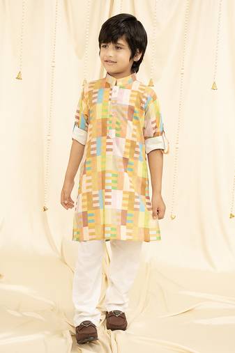 Ministitch full sleeves printed kurta and pyjama set for boys - Yellow