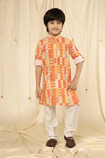 Ministitch full sleeves printed kurta and pyjama set for boys - Orange