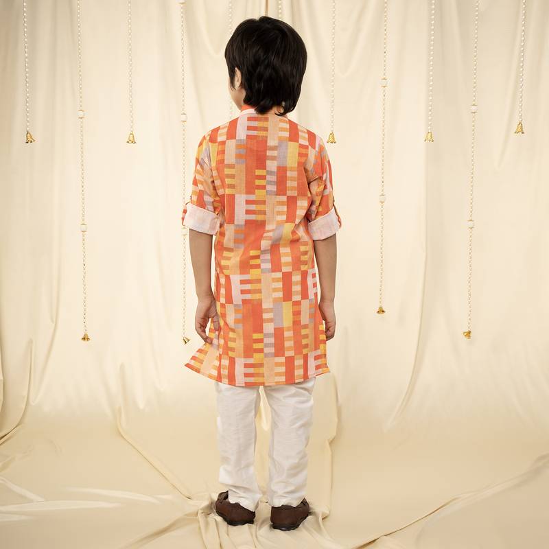 full sleeves printed kurta and pyjama set for boys - Orange