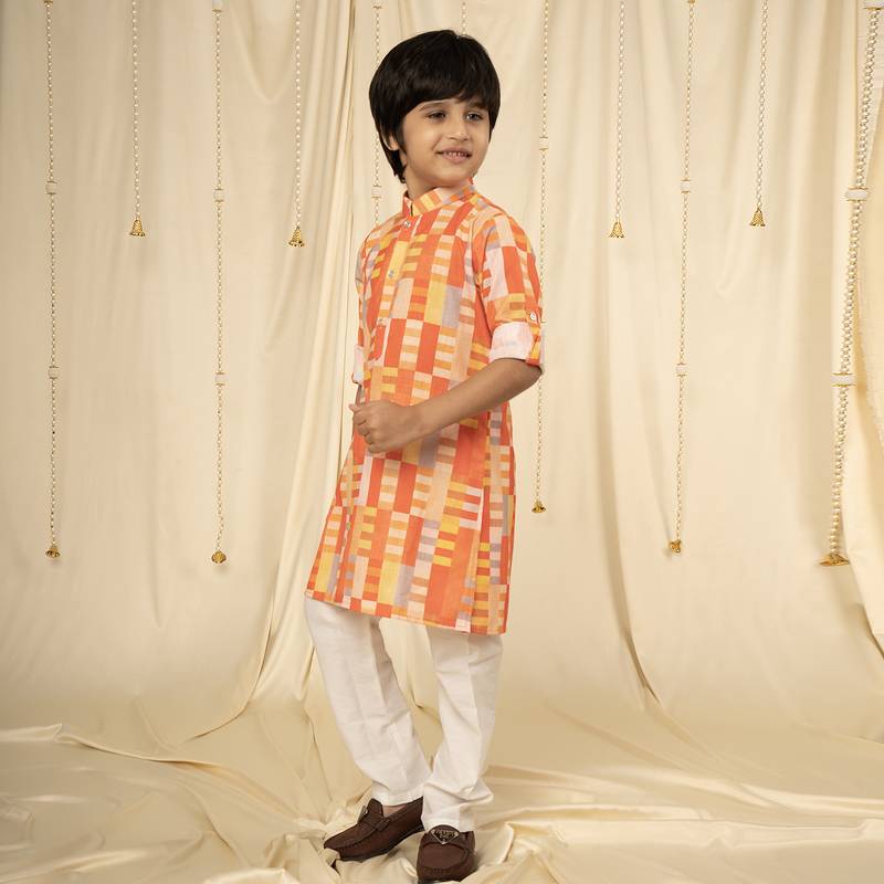full sleeves printed kurta and pyjama set for boys - Orange