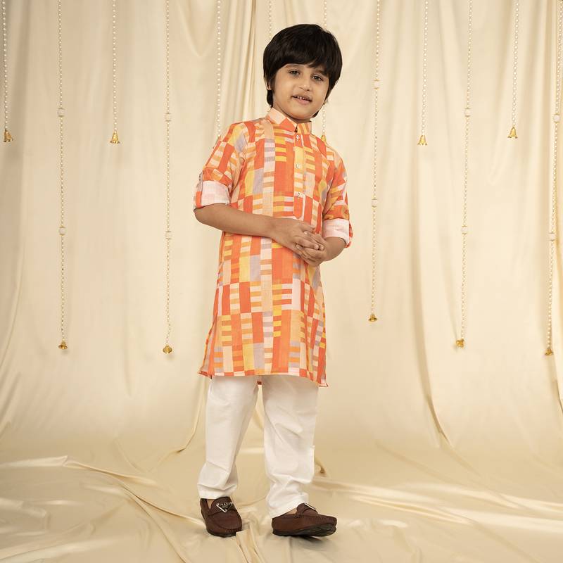 full sleeves printed kurta and pyjama set for boys - Orange