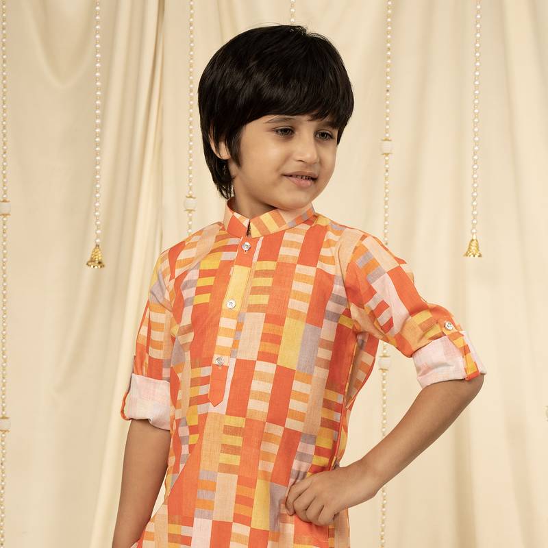 full sleeves printed kurta and pyjama set for boys - Orange