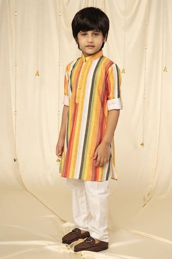 Ministitch full sleeves printed kurta and pyjama set for boys - Yellow, Red, White