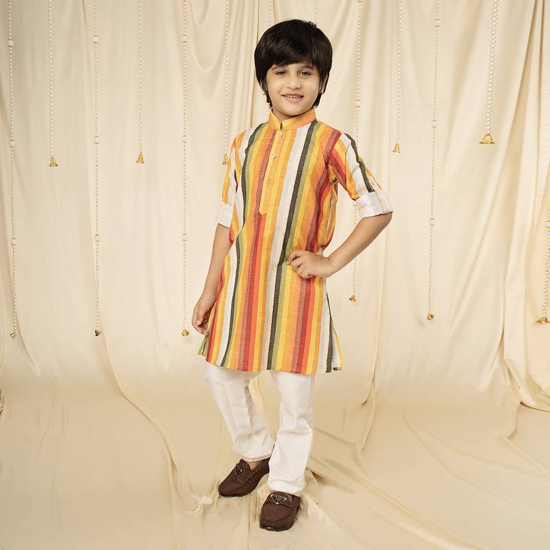 full sleeves printed kurta and pyjama set for boys - Yellow, Red, White