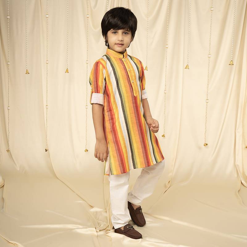 full sleeves printed kurta and pyjama set for boys - Yellow, Red, White