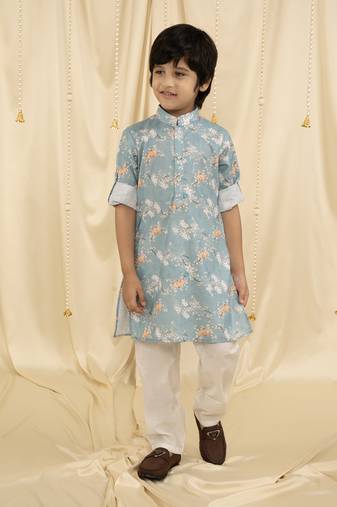 Ministitch full sleeves printed kurta and pyjama set for boys - Blue