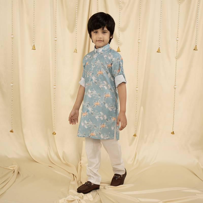 full sleeves printed kurta and pyjama set for boys - Blue