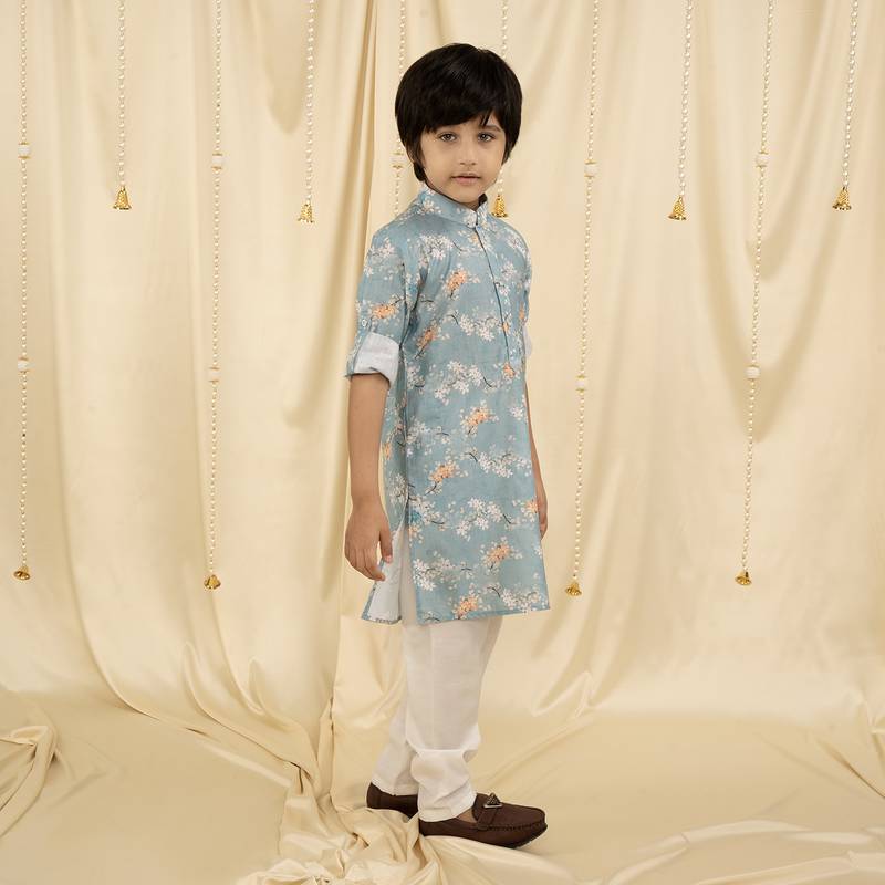 full sleeves printed kurta and pyjama set for boys - Blue