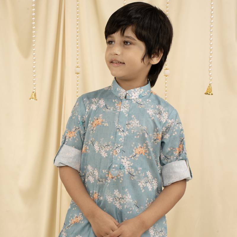 full sleeves printed kurta and pyjama set for boys - Blue