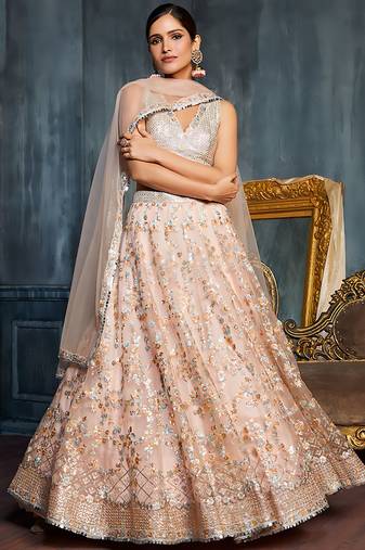 Charming Beige Sequins Net Engagement Wear Lehenga Choli With Dupatta