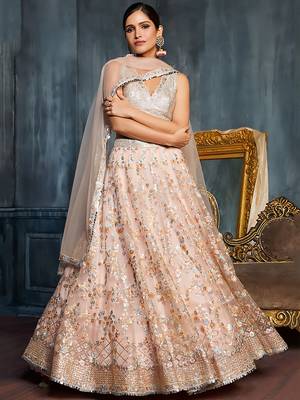 beige sequins net lehenga set choli with dupatta with dupatta 1