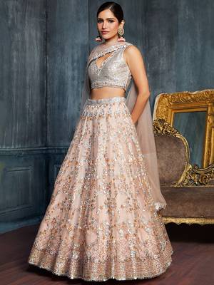 beige sequins net lehenga set choli with dupatta with dupatta 6