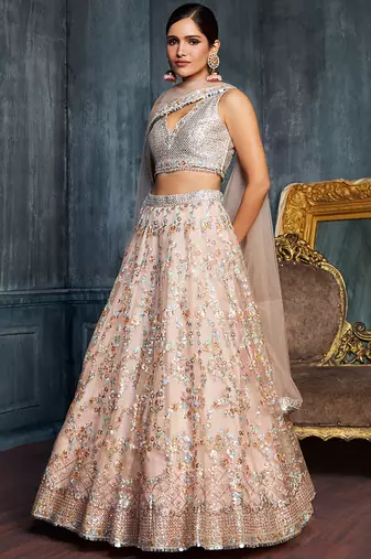 beige sequins net lehenga set choli with dupatta with dupatta