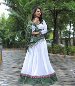 Voolka White and Green Riyon Cotton Lehenga Choli Set with Printed Design