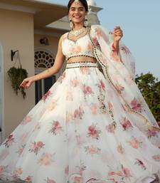 white organza floral printed lehenga set choli with dupatta with gota patti dupatta
