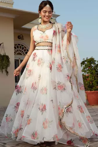 white organza floral printed lehenga set choli with dupatta with gota patti dupatta
