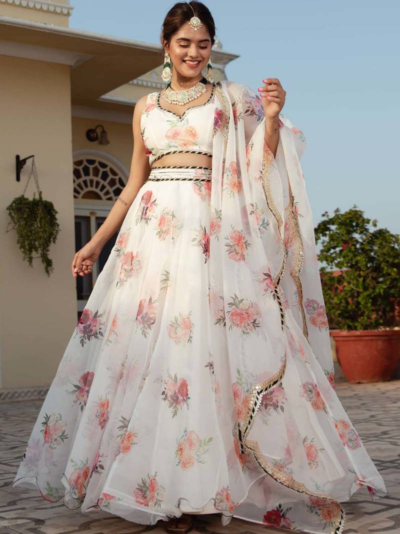 White Organza Floral Printed Lehenga Choli  with Gota patti Dupatta